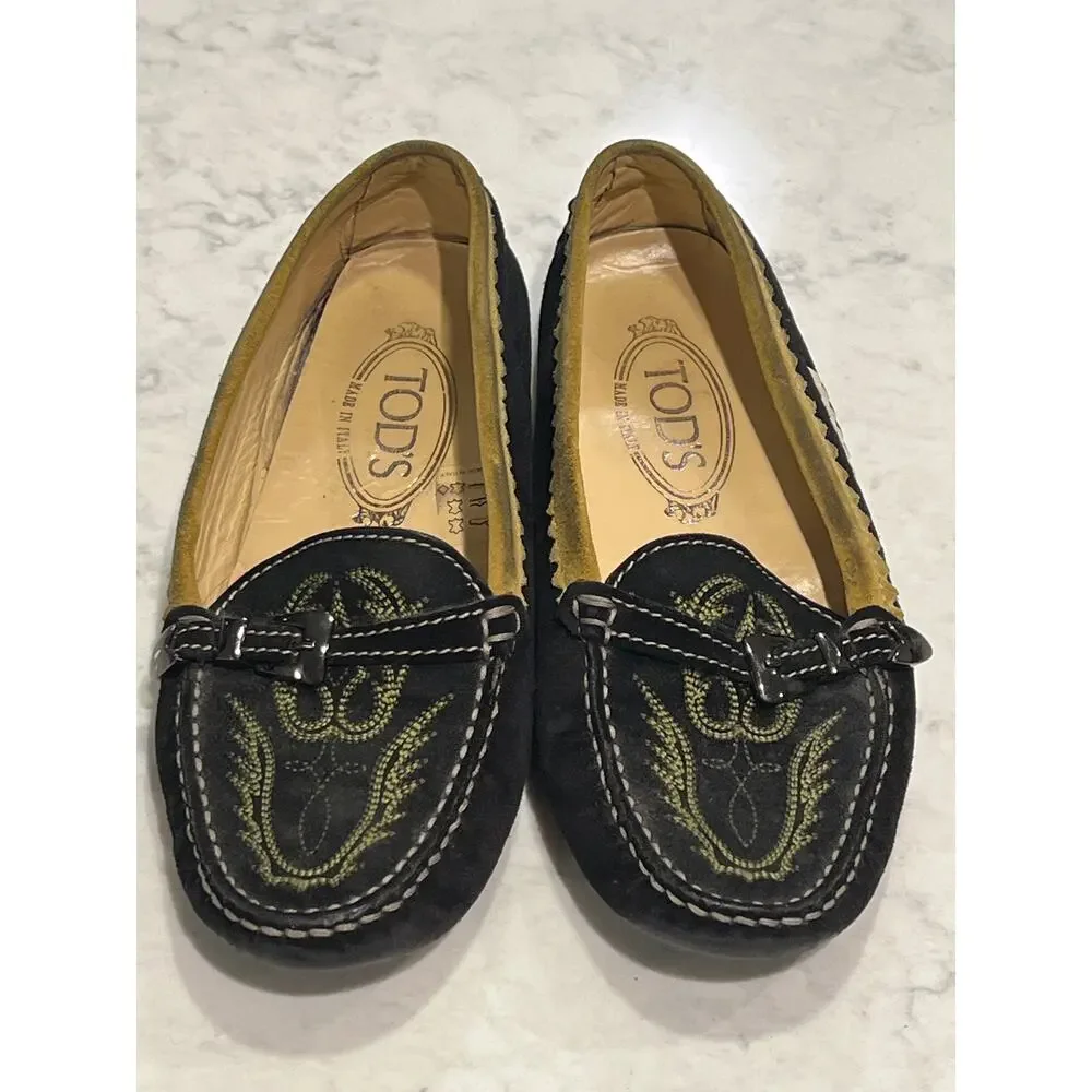 Women's Tod's Suede Embroidered Toe Buckle Driving Casual Loafers Size 5.5 Black